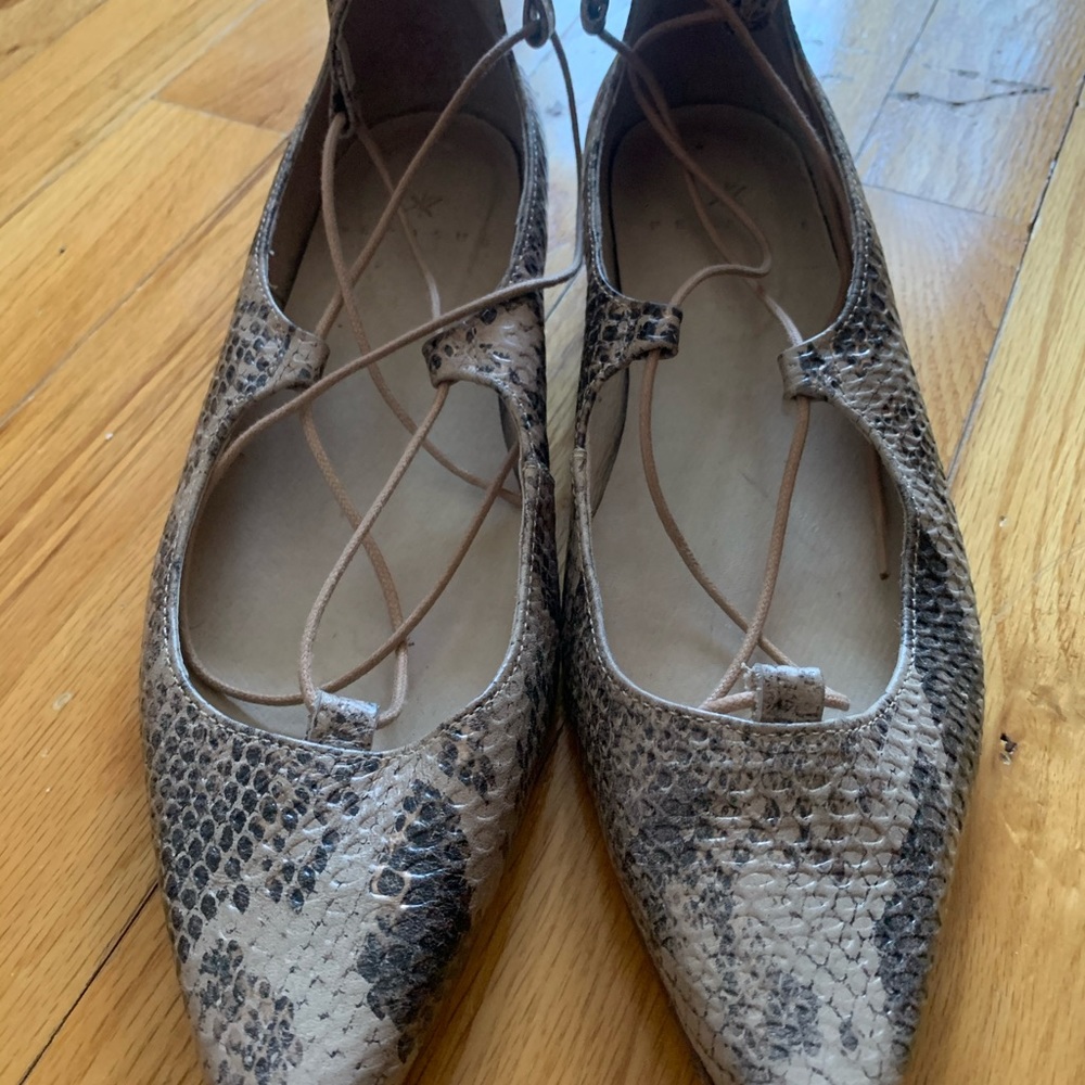 Leather snakeskin ankle tie flats